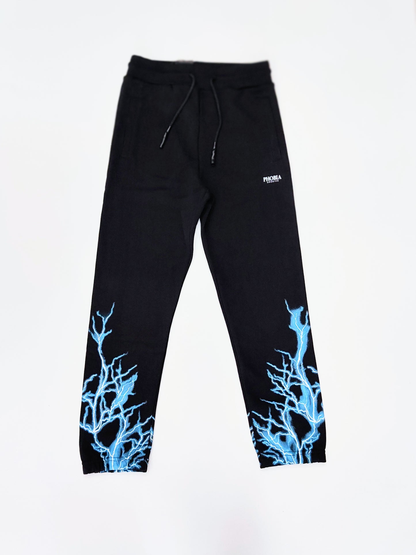 BLACK PANTS WITH LIGHT BLUE LIGHTNING PRINT