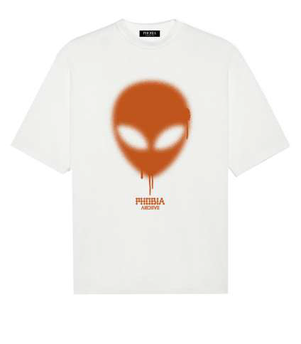 WHITE T-SHIRT WITH ORANGE "PUFFY ALIEN" PRINT