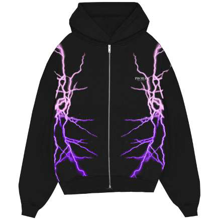 BLACK HOODIE FULL ZIP WITH LATERAL PURPLE LIGHTNING AND LOGO