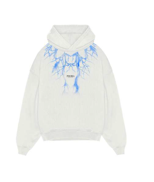 WHITE HOODIE WITH BLUE LIGHTNING AND LOGO