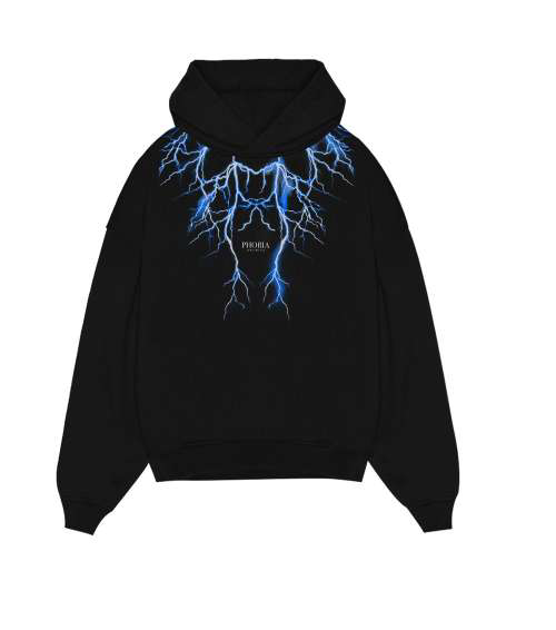 BLACK HOODIE WITH BLUE LIGHTNING AND LOGO