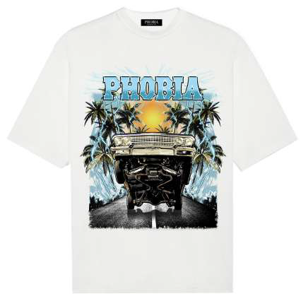 WHITE T-SHIRT WITH  BLUE "PALM CAR" PRINT