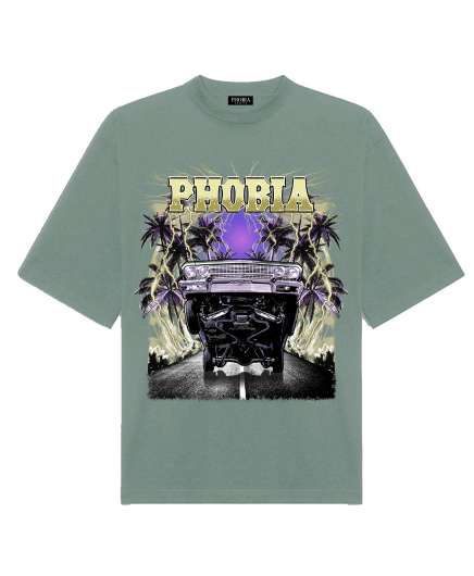 GREEN T-SHIRT WITH YELLOW "PALM CAR" PRINT