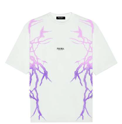 WHITE T-SHIRT WITH LATERAL PURPLE LIGHTNING AND LOGO