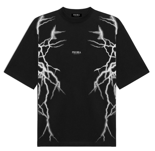 BLACK T-SHIRT WITH LATERAL WHITE LIGHTNING AND LOGO