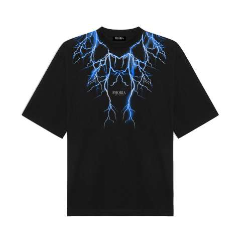 BLACK T-SHIRT WITH BLUE LIGHTNING AND LOGO