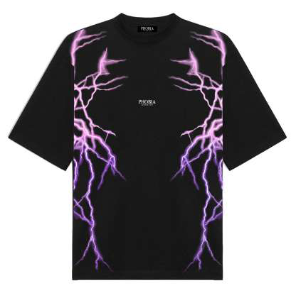 BLACK T-SHIRT WITH LATERAL PURPLE LIGHTNING AND LOGO